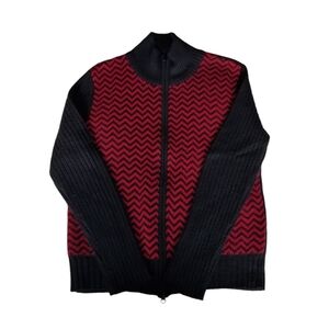 Kasper Knits Zip up Sweater Women's Small Black & Red Pattern